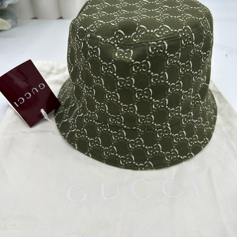 Men's Gucci GG shadow JACQUARD bucket hat in Olive, green cotton size large - Picture 4 of 7
